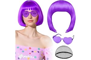 PLULON Purple Bob Wig with Heart Sunglasses and Hair Cap, Colorful Short Bob Wigs Synthetic Party Wigs Funny Cosplay Hairpiec