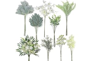 FOTEEWL 70 Pcs Artificial Greenery Stems Box Set,with 8 Kinds of Faux Plants and Fake Flowers for DIY Bridal Bouquets Wedding Floral Arrangement Table Centerpieces Decoration (Sage Green & White)