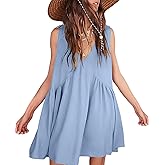 HOTIAN Womens Summer Sleeveless Mini Dress V Neck Casual Loose Babydoll Pleated Swing Flowy Sundress with Pockets