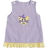 Toddler Baby Girl Game Day Outfit Football Tiger Embroidered Tank Dress Sleeveless Plaid Tunic Dress Summer Clothes