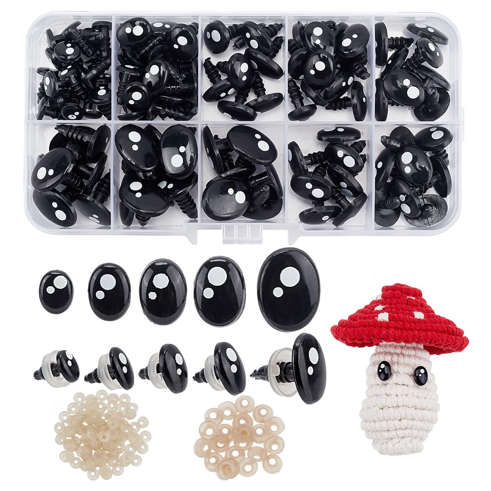 PH PandaHall 200pcs 5 Sizes Kawaii Safety Eyes, Oval Resin Craft Eyes Black Stuffed Playting Eyes with Washers for Doll Amigurumi, Puppet, Teddy Bear, Crochet, Plush Animal Making