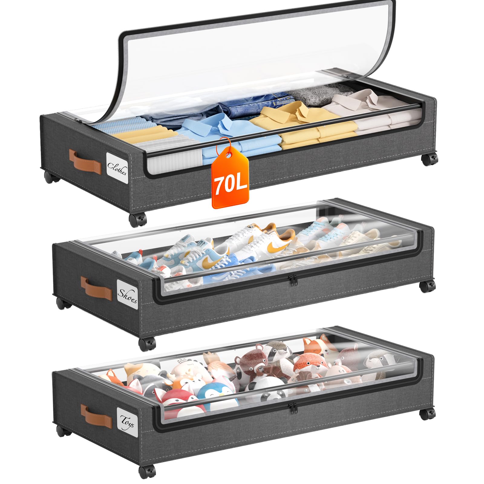 Yecaye 70L Under Bed Storage with Wheels, 3 Pack Larger Capacity Under Bed Storage Containers, Underbed Shoe Storage Organizer, Rolling Under Bed Metal Drawers for Clothes, Blankets, Hemp Grey Image