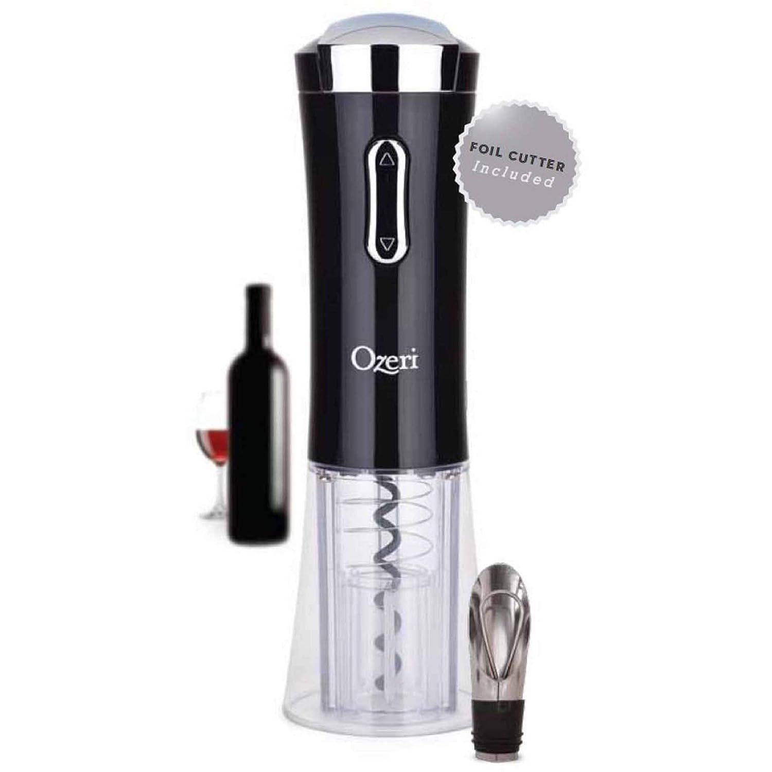 Ozeri Nouveaux II Electric Wine Opener in Black, with Foil Cutter, Wine Pourer and Stopper