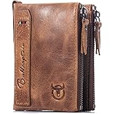 BULLCAPTAIN Genuine Leather Wallet for Men Vintage Bifold with Double Zipper Pockets (Brown)