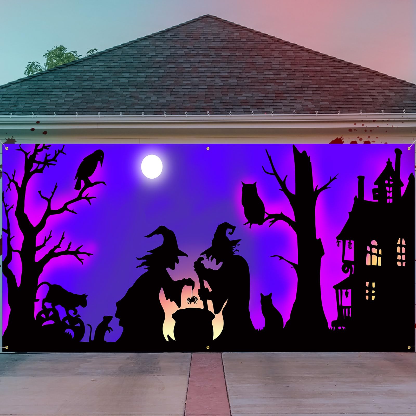 Photo 1 of Threehoney Halloween Decorations Outdoor Garage Door Cover, Large Black Witches Cauldron Silhouette Decor, 6 x 13 ft Scary Halloween Garage Door Decorations for Home Wall Patio Yard