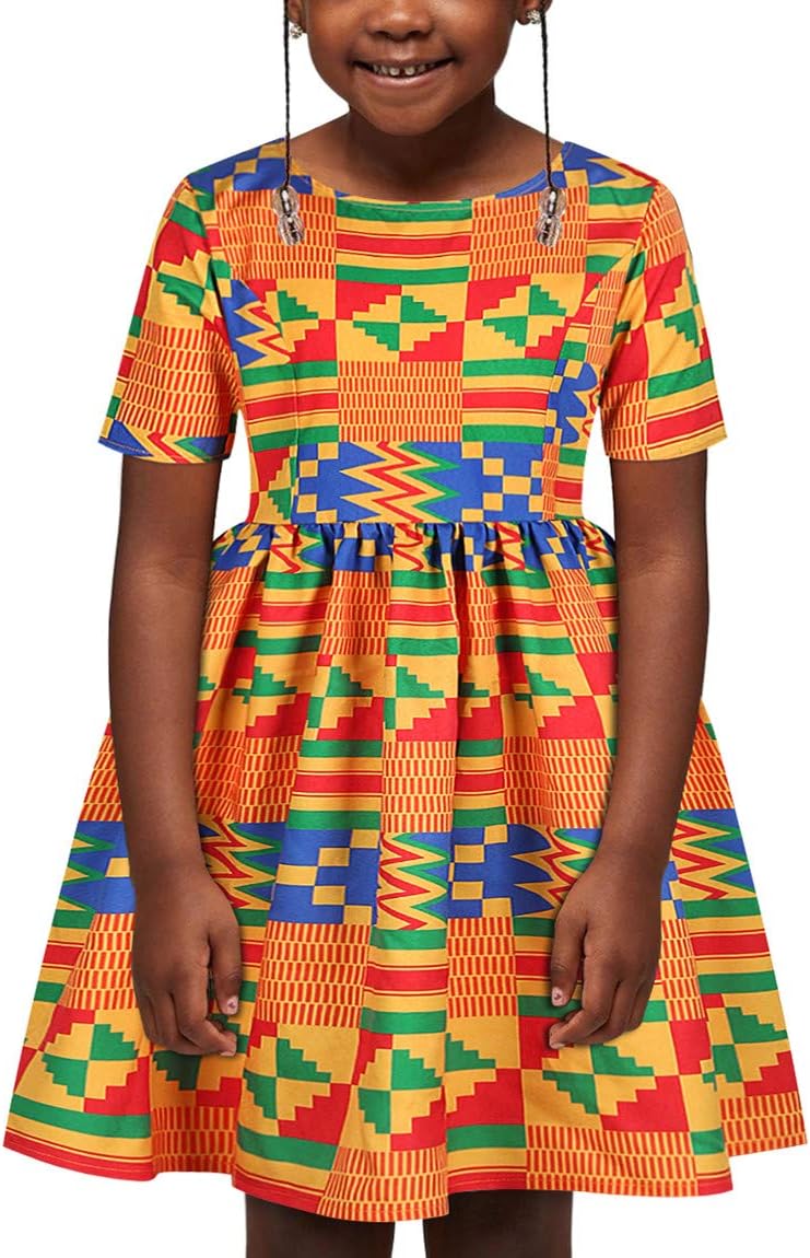 SLYRAIME Girls African Dashiki Traditional Style Short Sleeve Round Neck Dress