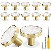 Cionyce 12 Pack Gold Knobs for Dresser Drawers, Brass Dresser Knobs Round Cabinet Knobs for Kitchen Cabinet Cupboard Door Decorative Furniture Hardware, 1-1/4" Diameter, White