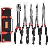 TOOLEAGUE 5Pcs Extra Long Needle Nose Pliers Set, 11" Long Reach Straight Pliers,45/90 Degree Bent Nose Pliers,Diagonal Plier