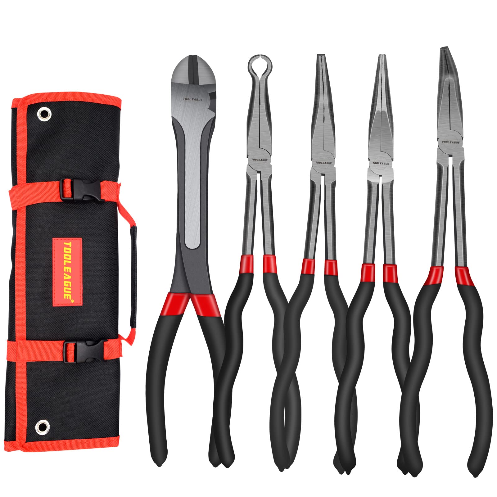 Photo 1 of TOOLEAGUE 5Pcs Extra Long Needle Nose Pliers Set, 11" Long Reach Straight,45/90 Degree Bent Nose,Diagonal Pliers and O-shape Tip Craft Repairing Tool