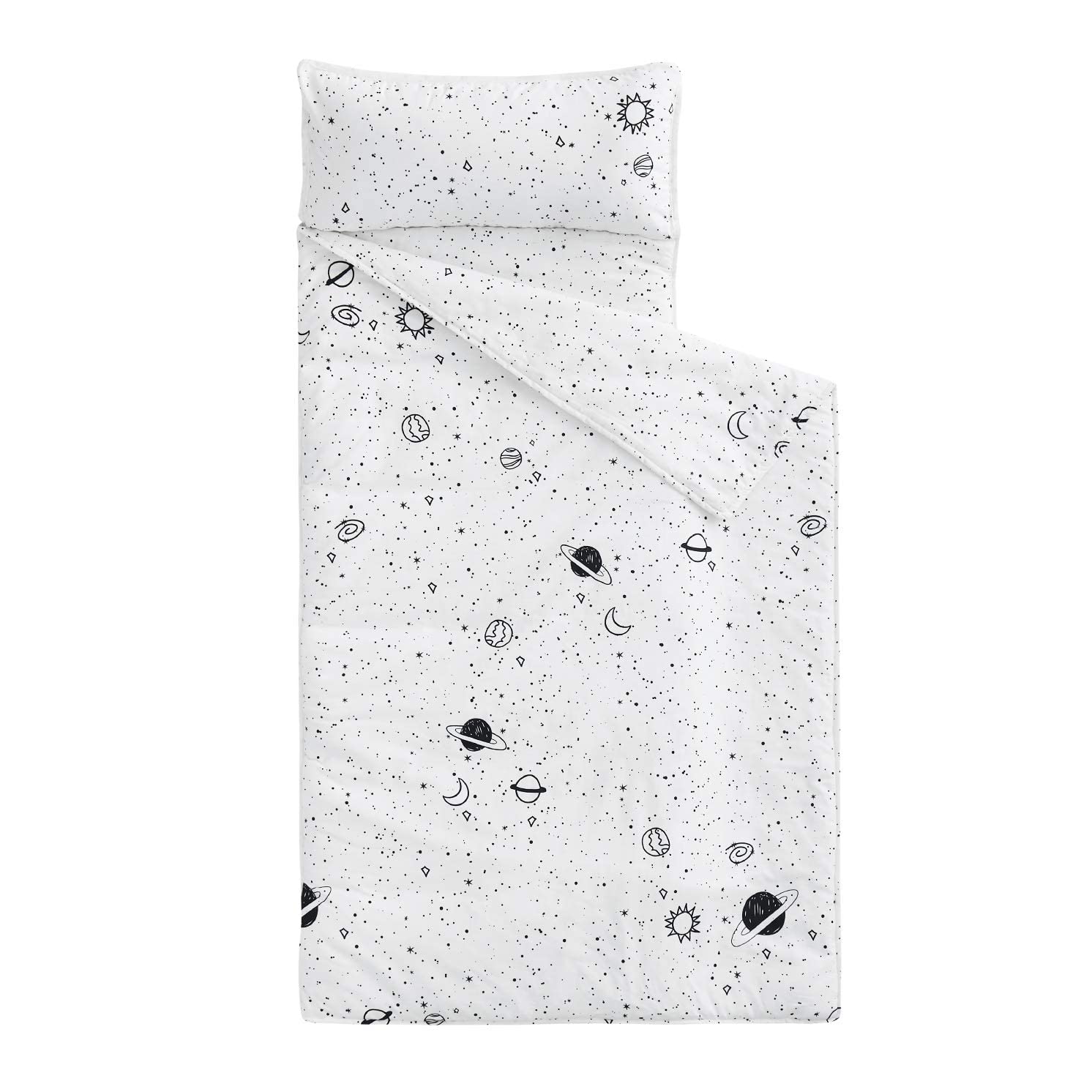 Wake In Cloud - Toddler Nap Mat with Pillow and Blanket, 100% Cotton Fabric, for Kids Boys Ages 3 Plus in Daycare Kindergarten Preschool, Roll Up Sleeping Bag, Galaxy Spaces, Black White, Standard