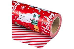 WRAPAHOLIC Reversible Cat Christmas Wrapping Paper - Mini Roll - 17 Inch x 33 Feet - Red Christmas Cat Wrapping Paper and Stripes Design for Holiday, Party Celebration
