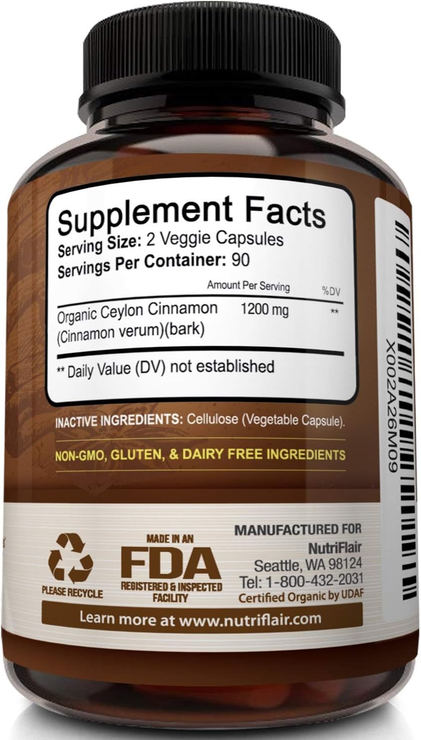 NutriFlair Ceylon Cinnamon (Made with Organic Ceylon Cinnamon) 1200mg per Serving, 180 Capsules - Healthy Blood Sugar Support, Joint Support, Anti-inflammatory & Antioxidant - True Sri Lanka Cinnamon: Health & Personal Care