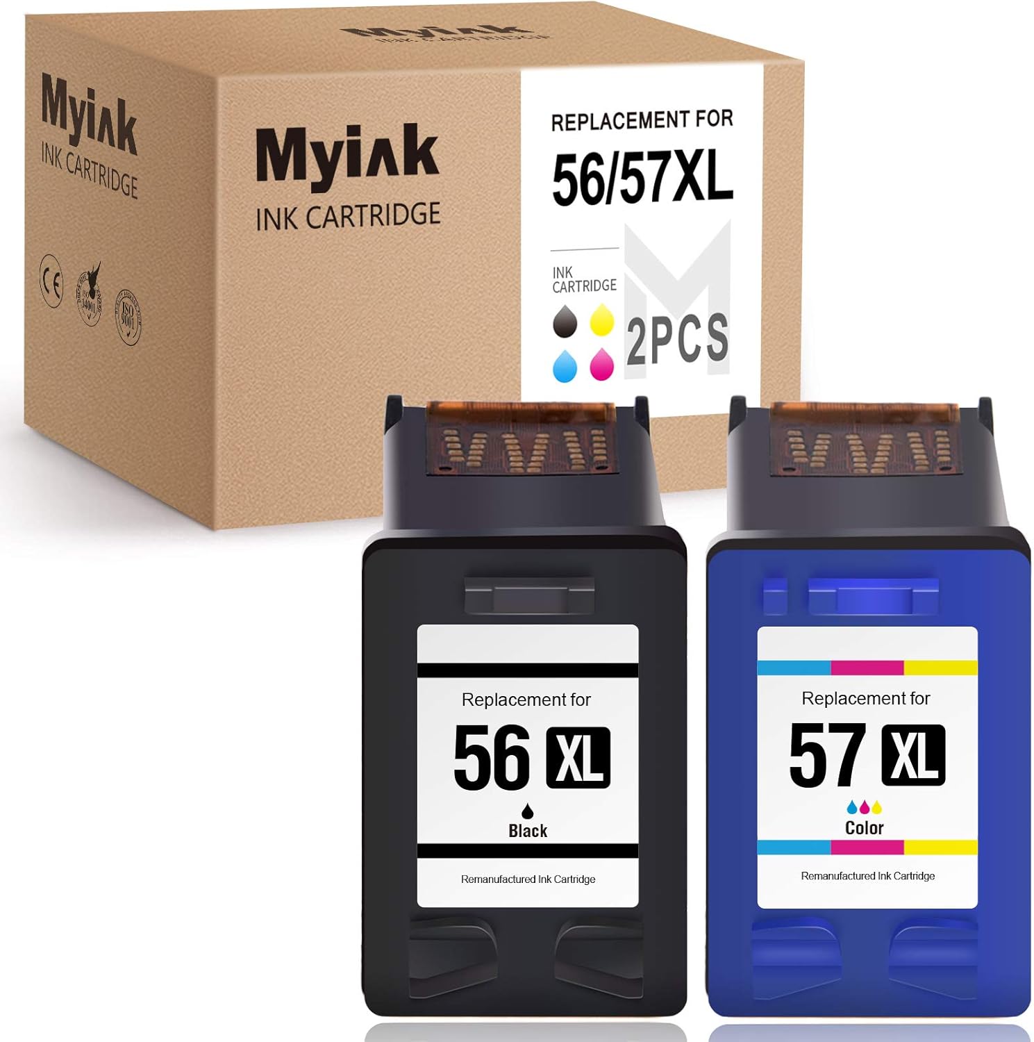 MYIK Remanufactured Ink Cartridge for HP 56 57 56XL 57XL C6656AN C6657A use for Deskjet 5150 5550 5650 5850 Photosmart 7260 7350 7450 7550 7660 7760 Officejet 4215 PSC 1210 (1 Black+1 Tri-Color)