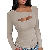 Buauty Womens Ribbed Long Sleeve Shirts Cutout Slim Fit Tee Trendy Sexy Top Fall Fashion 2025 Going Out Tshirts Y2K Clothes