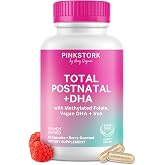 Pink Stork Total Postnatal + DHA with Iron, 60 Capsules, Berry | Clean Label Award Winner, Vegan Algae DHA, No Fishy Burps, Methylated Folate, Breastfeeding Support + Postpartum Vitamins
