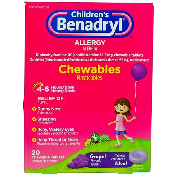 BENADRYL CHILDREN’S ALLERGY MEDICINE CHEWABLES WITH DIPHENHYDRAMINE HCL, CHEWABLE KIDS’ ANTIHISTAMINE TABLETS FOR RELIEF OF ALLERGY SYMPTOMS LIKE SNEEZING & ITCHY EYES, GRAPE FLAVOR, 20 CT