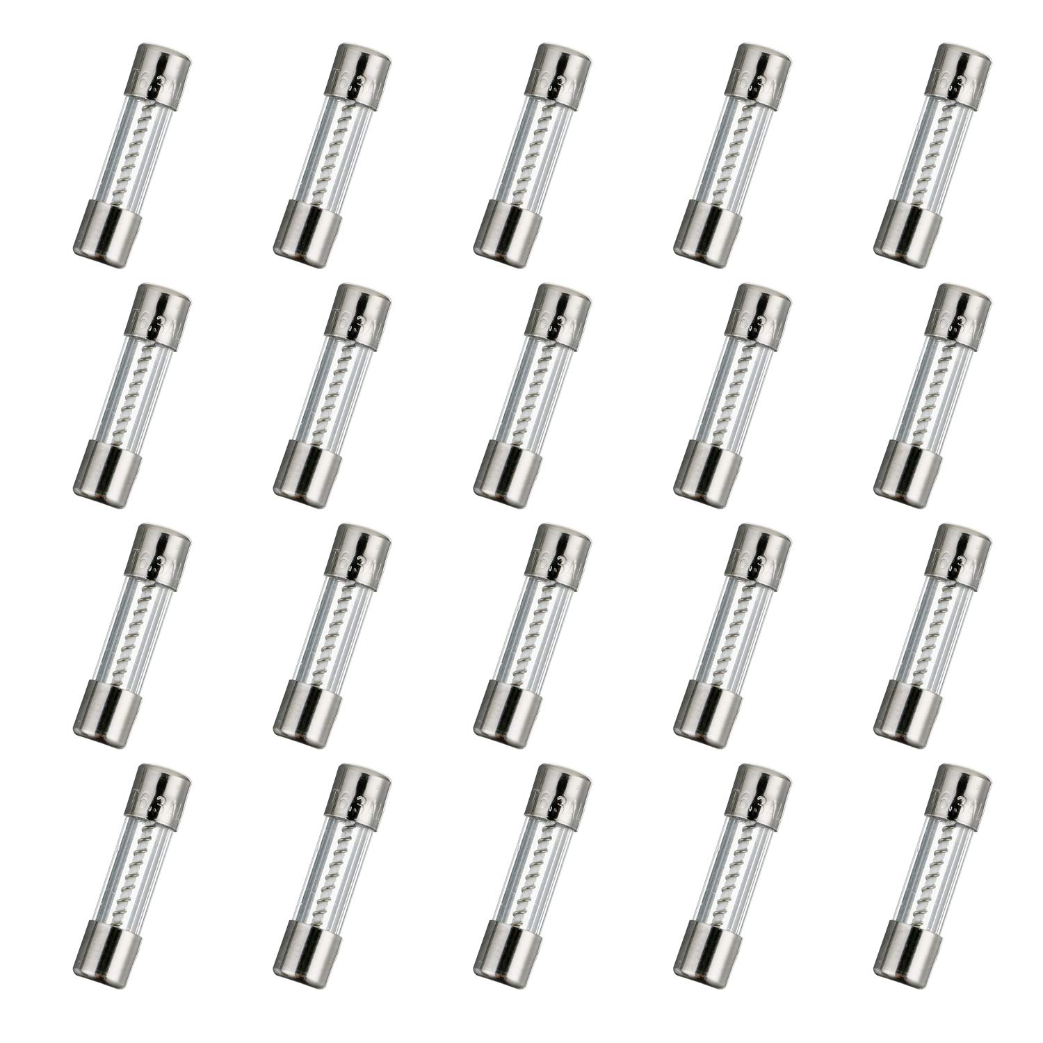 HUAREW T6.3AL250V 20 Pcs 5x20mm slow blow glass fuse 6.3A 250V 0.2 x 0.78 inch time delay fuse