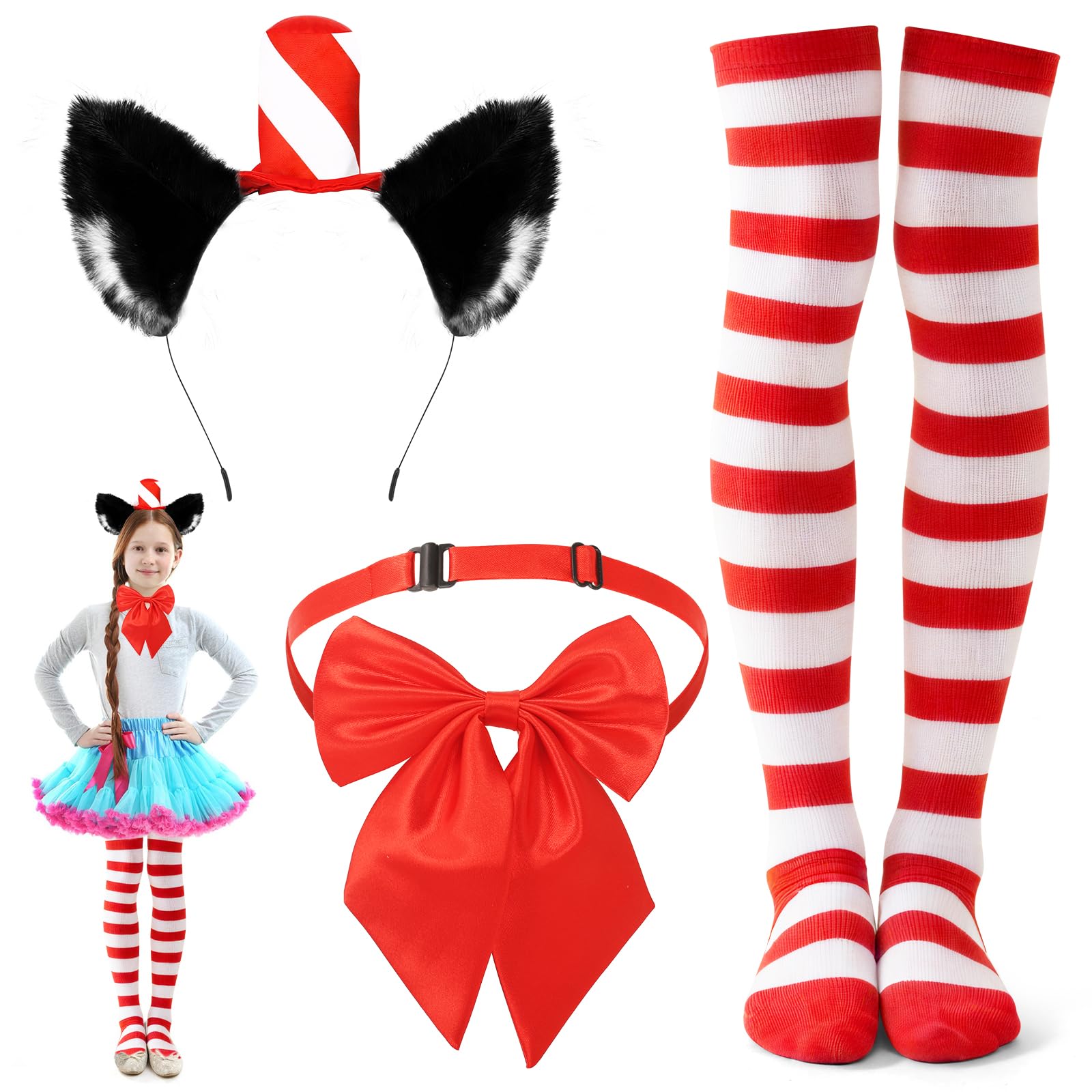 Photo 1 of 3 Pcs Cat Costume Accessory Set Include Cat Ears Headband with Red Stovepipe Hat Red Striped Knee Length Socks Bowtie for World Book Day 100th Days of School