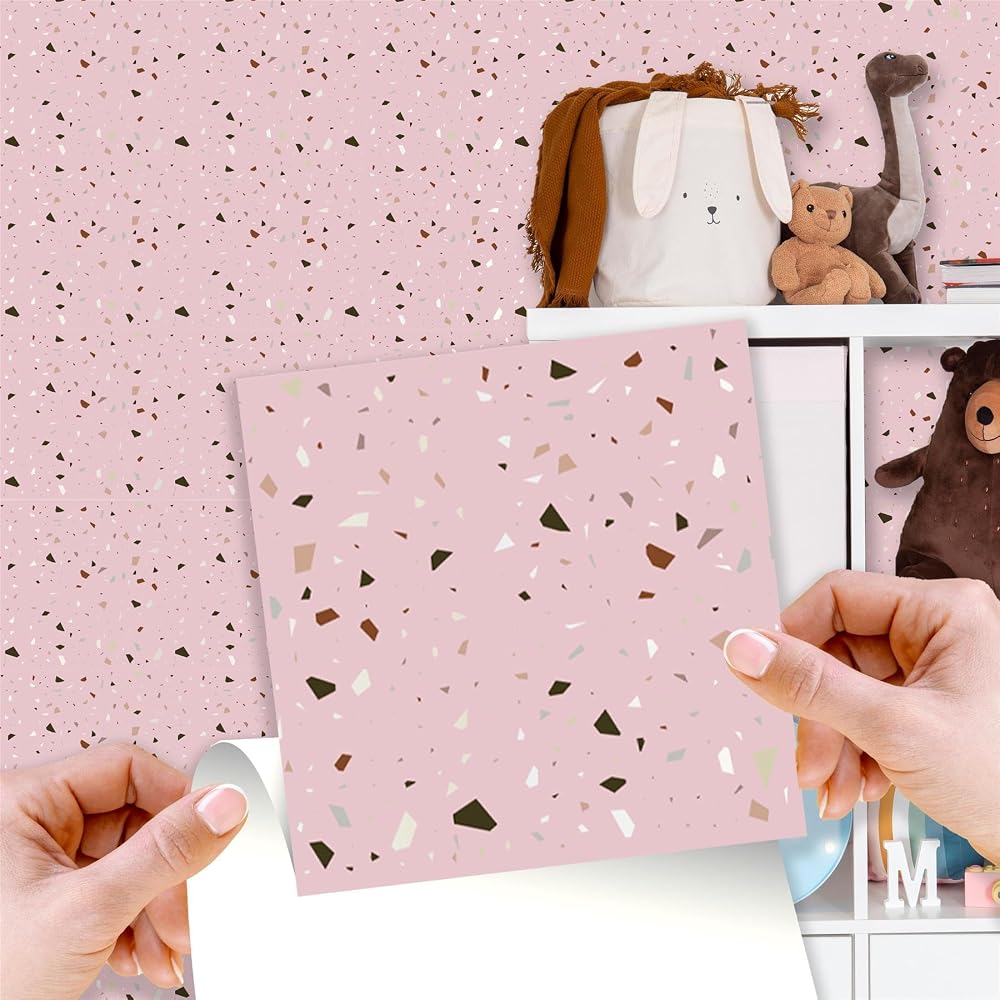 WALPLUS 24 Pack 15cm Rose Pink Silver Terrazzo Tile Stickers Peel & Stick