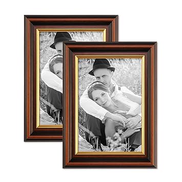 PHOTOLINI 2er Set Bilderrahmen 18x24 cm Antik Dunkelbraun mit Goldkante Massivholz mit Glasscheibe inkl. Zubehör