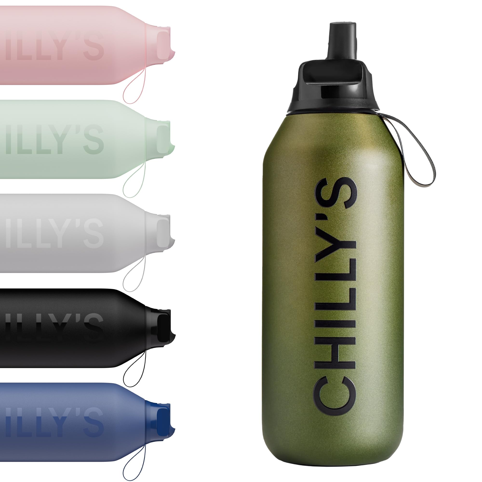 Chilly's Series 2 Flip Water Bottle with Sports Lid - Vacuum Insulated Stainless Steel Water Bottle with Straw, Carry Loop, & Cleaning Brush - No Sweat - 500ml - Ombre, Moss