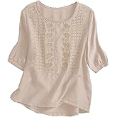Kistore Women's Embroidered Blouses 2026 Short Sleeve Lace Trim Crew Neck Trendy Casual Tops Pullover Shirts