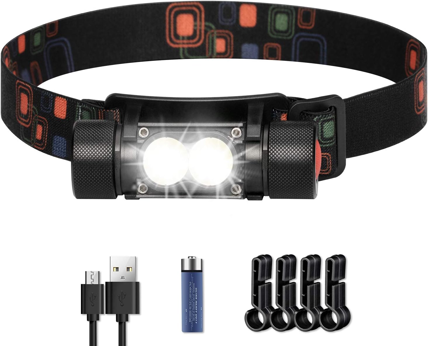 Anhay 1200 Lumen LED Headlamp Flashlight with 2400mAh USB Rechargeable Battery, IPX8 Water Resistant, 5 Light Modes, 4 Helmet Clips Included, Perfect for Running, Camping, Hiking and More - - 