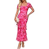 ZESICA Women's Summer Floral Bodycon Maxi Dress 2026 Square Neck Mesh Ruffle Elegant Cocktail Wedding Party Long Dresses