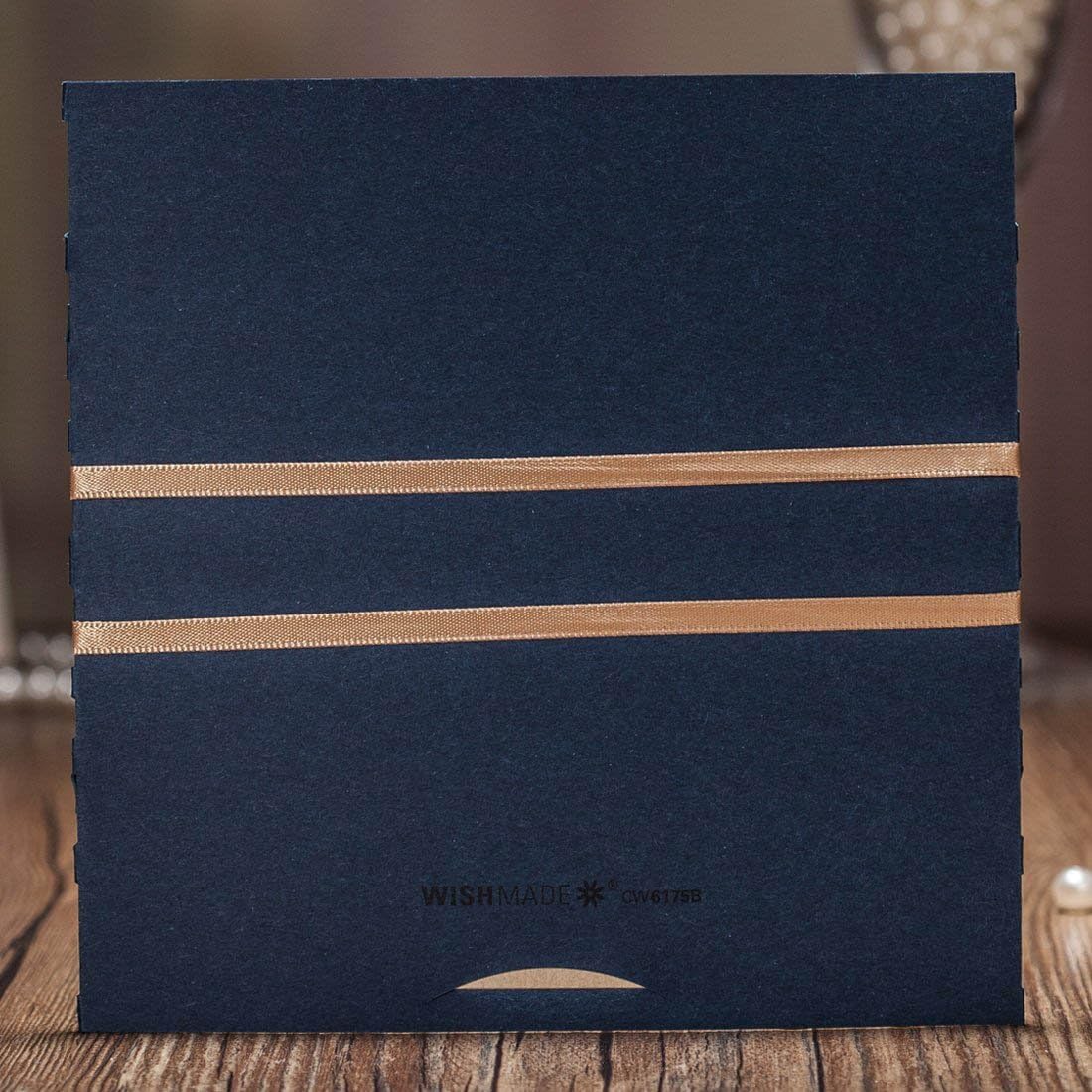 FLZOPYNE Wedding Invitations Cards 50X Laser Cut Rustic Navy Blue Square Invitations with Bow Lace Sleeve for Engagement Baby Bridal Shower Birthday Quinceanera CW6175B - Image 5