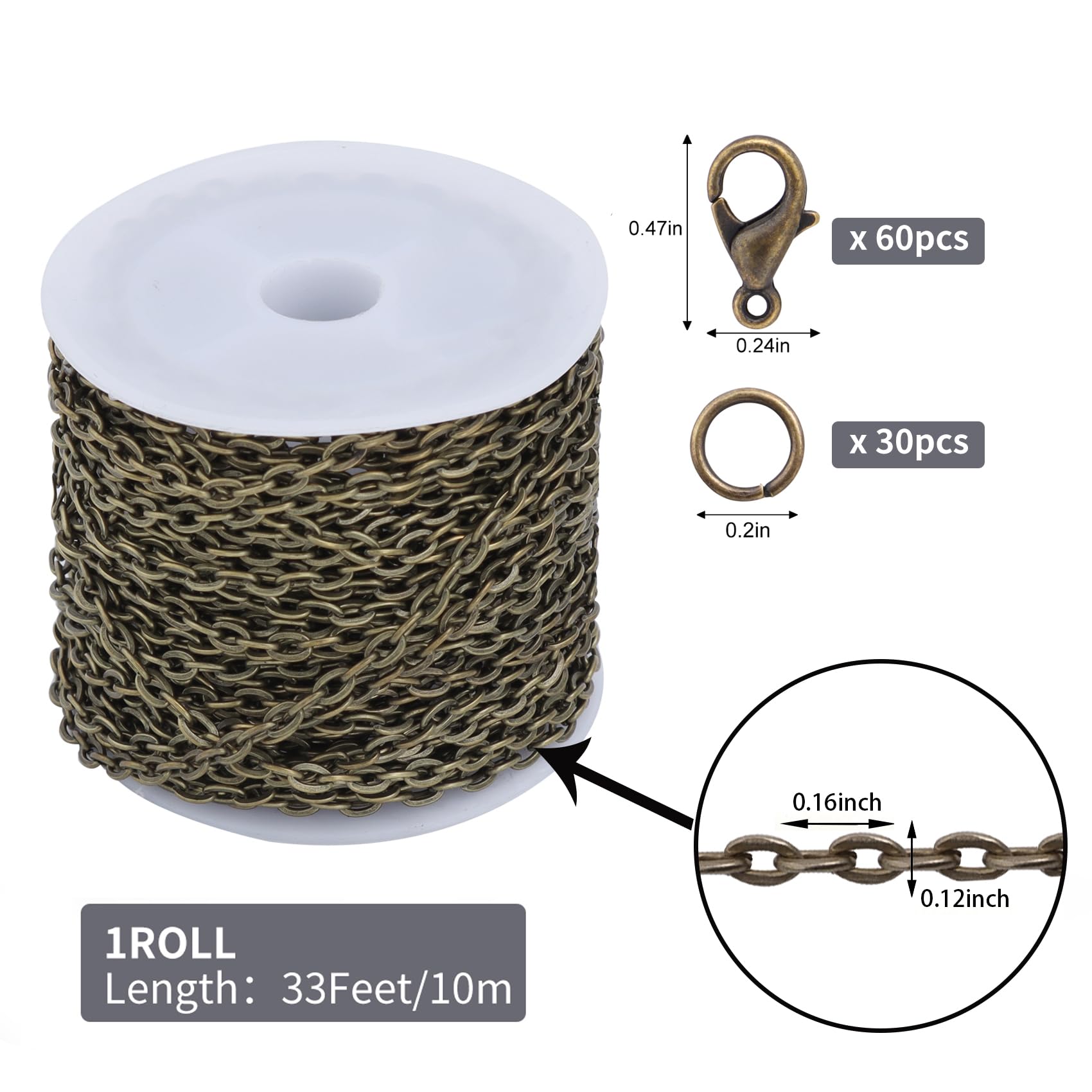 Lemonkey 33 Feet Metal Bronze Necklace Chains Cable O-Shaped Links Chains Bulk for Jewelry Making DIY Craft Kit with Lobster Clasps Jump Rings