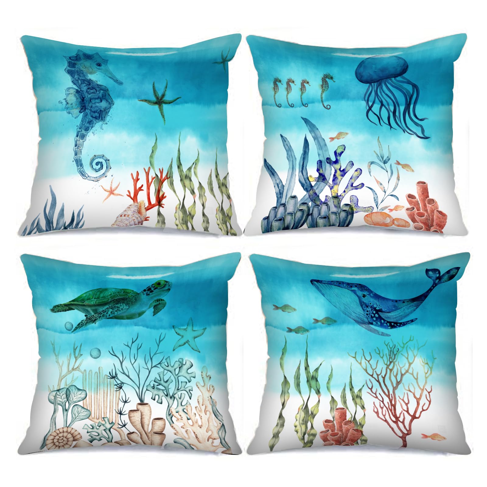 Tucocoo Underwater World Decorative Cushion Covers 45x45cm Set of 4 Sea Turtle Jellyfish Cushion Cover for Couch Sofa Bed Car Patio — image 1