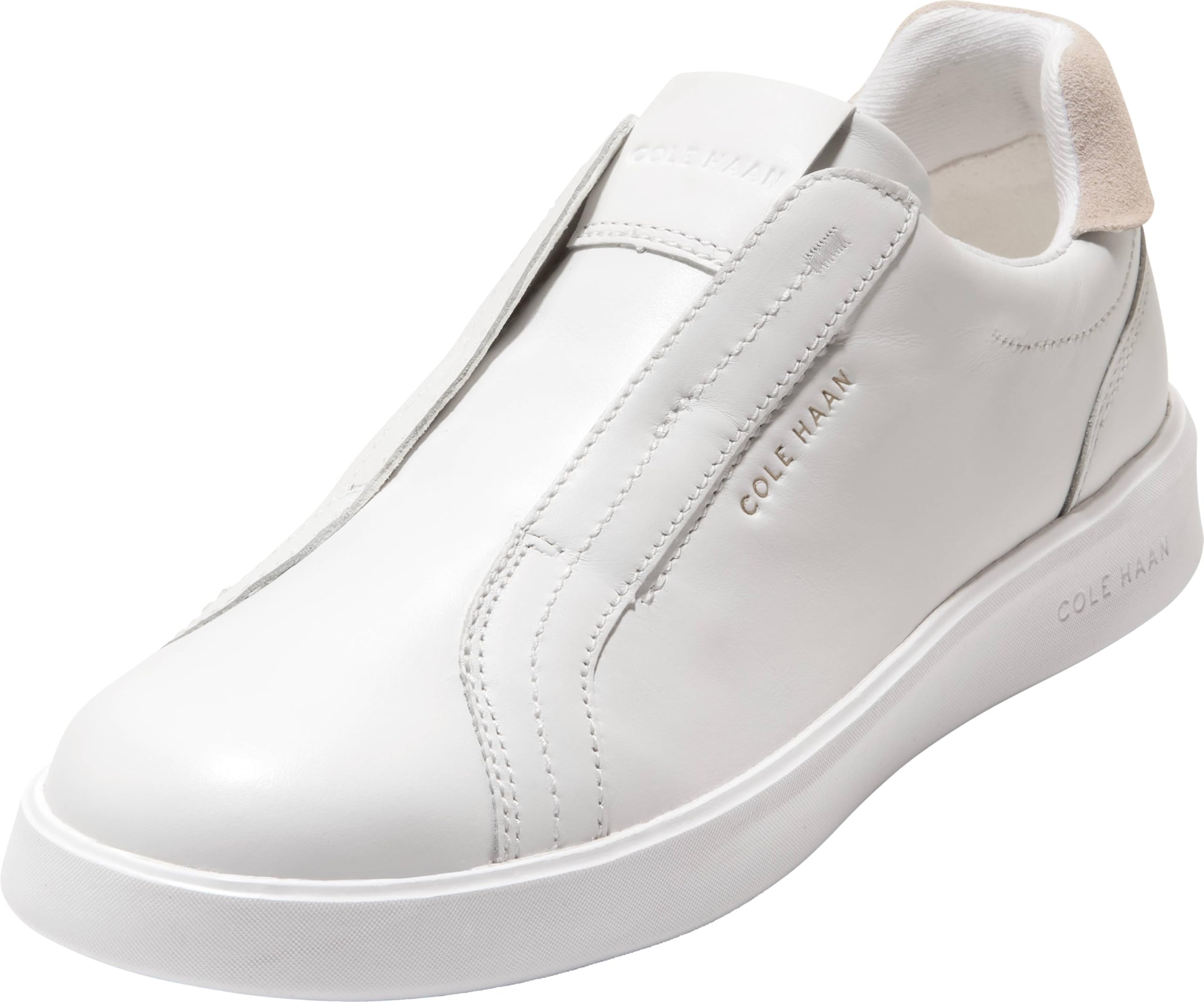Cole Haan Women’s Grand Crosscourt Luxe Slip On Sneakers, White Leather/Light Sesame Suede, 9-B US