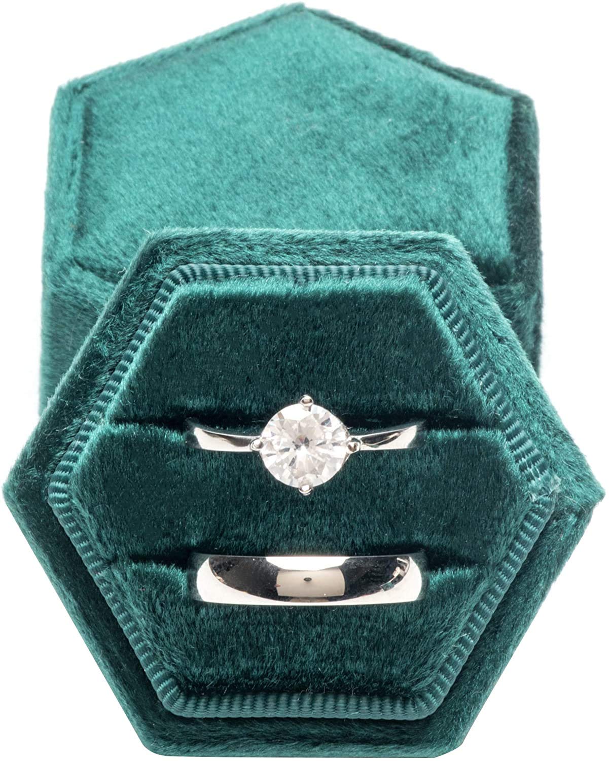 POKOFO Vintage Hexagon Velvet Bearer Box Double Ring with Detachable Lid (Green)