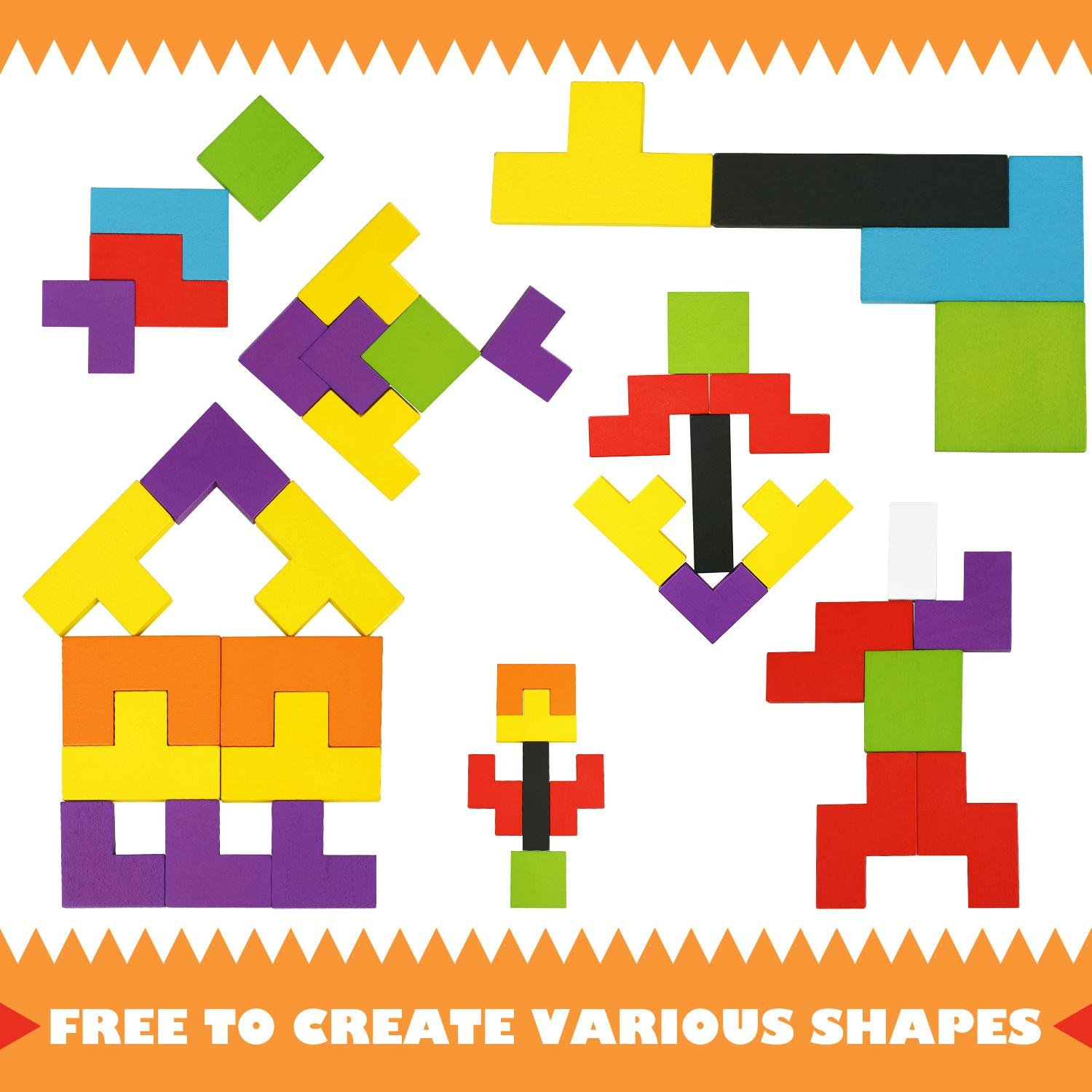 Peradix Wooden Jigsaws Tangram Puzzle Board Toys Colourful Brain Teasers Upgraded Toys Set 63PCS for Preschool Imagination Intellectual Education