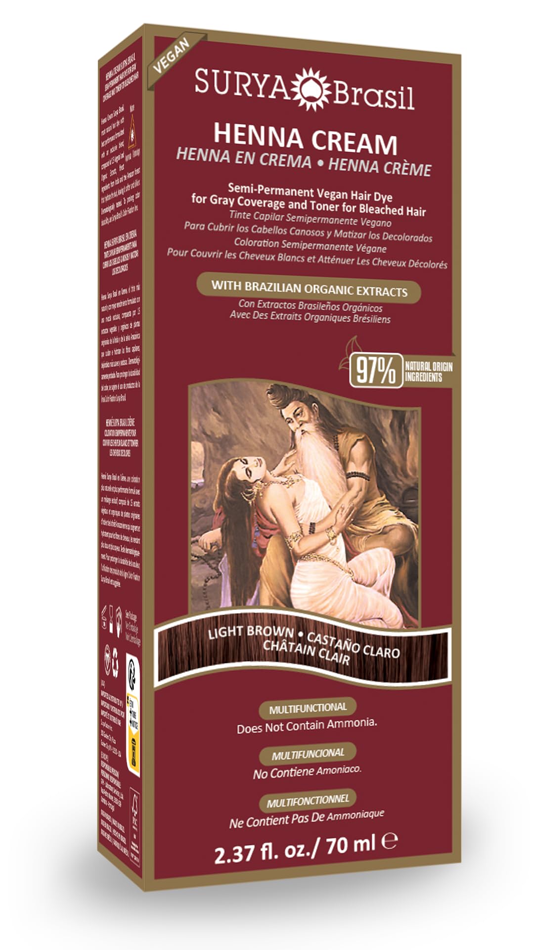 Surya Brasil Light Brown Natural Henna Cream Hair Color Treatment for Gray Hair Coverage, Deep Conditioning Semi Permanent Hair Dye, 2.37 oz / 70 ml