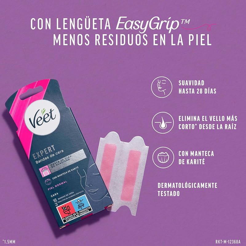 Expert Bandas de Cera Fría Depilatoria para Depilación Facial, Adecuado para Labio Superior (Bigote), con Manteca de Karité, 16 tiras