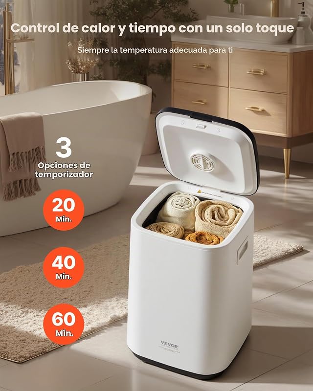 Aquecedor de toalhas 20 L com ecrã LED e luz indicadora em U, aquecedor inteligente de toalhas com temporizador ajustável para casa de banho, manta, pijama, desligamento automático, branco