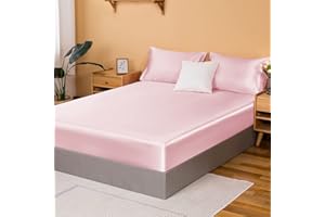 NSGZ Pink Satin Fitted Sheet Only, Silky Full Fitted Bed Sheet Soft Deep Pocket Single Bottom Bed Sheets, Wrinkle Free & Fade Resistant & Breathable Bedding Fitted Sheet Sold Separately