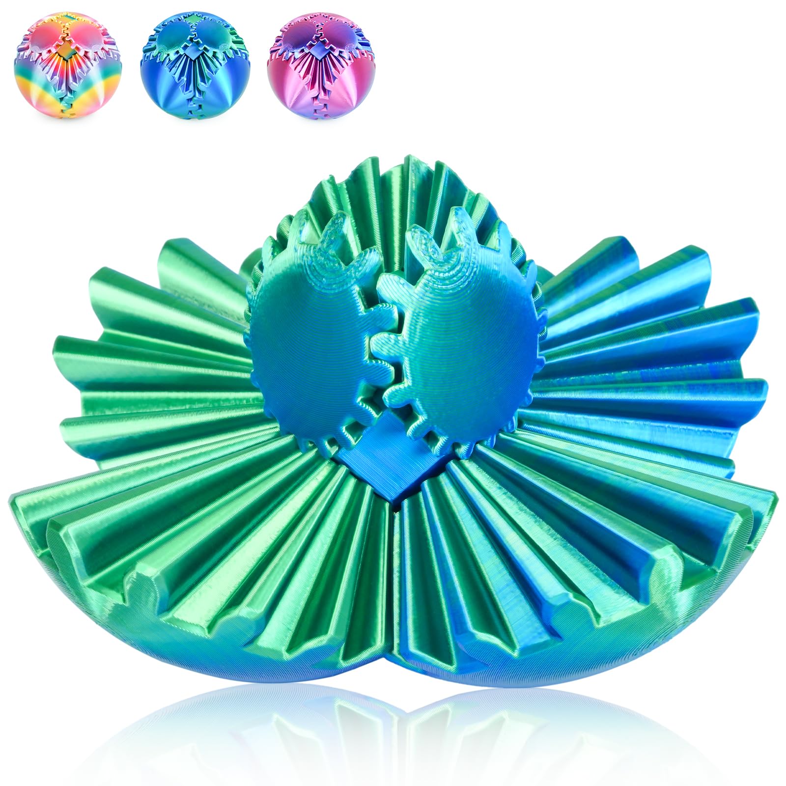 Gear Ball 3D Printed Fidget Toy Spinning Gear Sphere for Stress Relief Anxiety Fun Desk Toy for Adults Kids Stocking Filler Gifts Birthday Christmas (Green, Diameter: 3.3 In)