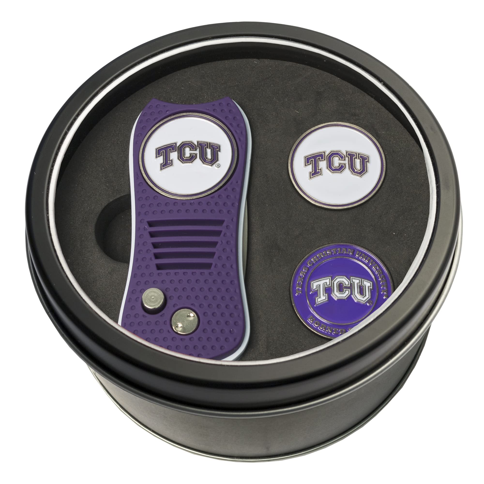 Team Golf NCAA TCU Horned Frogs Tin Gift Set with Switchfix Divot Tool and 2 Ball Markers