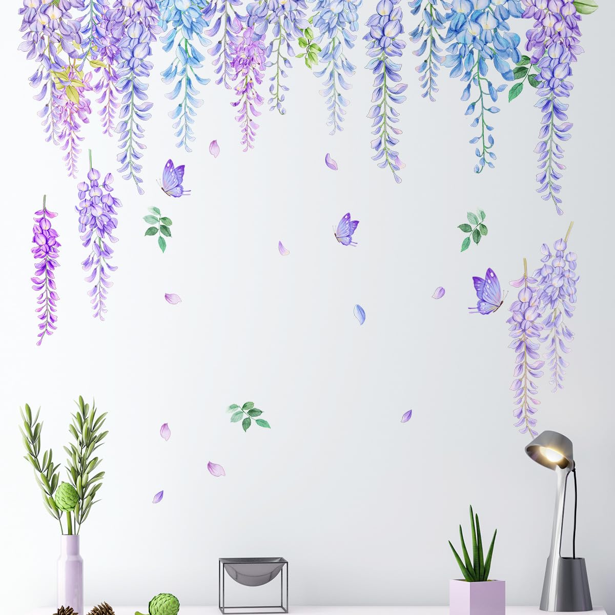 fanquare Purple Flower Vine Wall Decals Hanging Wisteria Floral Vines Branches Wall Stickers for Bedroom Living Room Sofa TV Background Decoration
