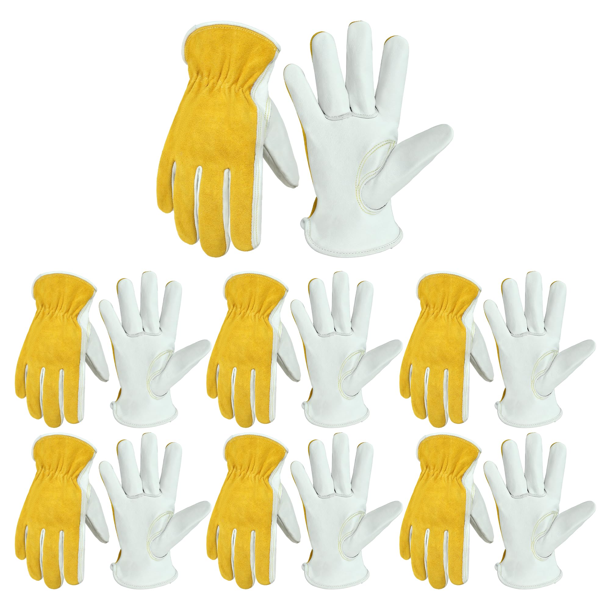 HANDLANDY 6 Pairs Leather Work Gloves for Men & Women, Flex Grip Garden Gloves, Cowhide Working Glove for Wood Cutting, Construction, Gardening, Driving, Yard Work (Beige-Yellow, L) Image