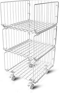 Metal Wire Baskets Wopulite Stackable 3-Tier Rolling Basket Utility Cart Storage Organizer Bins,Floor Standing Shelf with Wheels for Kitchen, Pantry, Closets, Bedrooms, Bathrooms