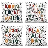ISANOU Born to Be Wild ABC Alphabet Throw PillowCovers,Play All Day,Kids Classroom Decorate PillowCovers for Kids Reading Room Playroom Nursery,18x18 Pillowcase Set of 4