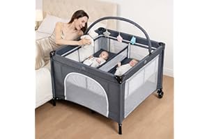 Jestonten Twin Bassinet - Foldable Double Bassinet for Twins with Hanging Toys & Storage Basket, Portable Bedside Sleeper Pac