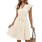 KIRUNDO Summer Dresses for Women 2026 Spring Flutter Sleeve V Neck Ruffle Flowy Tiered Knee Length Beach Vacation Sundress
