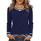 AKEWEI Womens Sweaters Long Sleeve Crew Neck Lightweight Knit Pullover Tops with Decorative Buttons