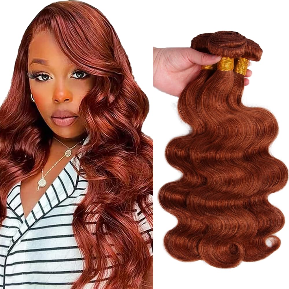 Photo 1 of 30 32 34 Inch Color 33 Bundles Human Hair Auburn Body Wave Bundles Huxowax Peruvian Virgin Remy Hair Extensions Double Weft Reddish Brown Body Wave Bundle Hair Weave 150g