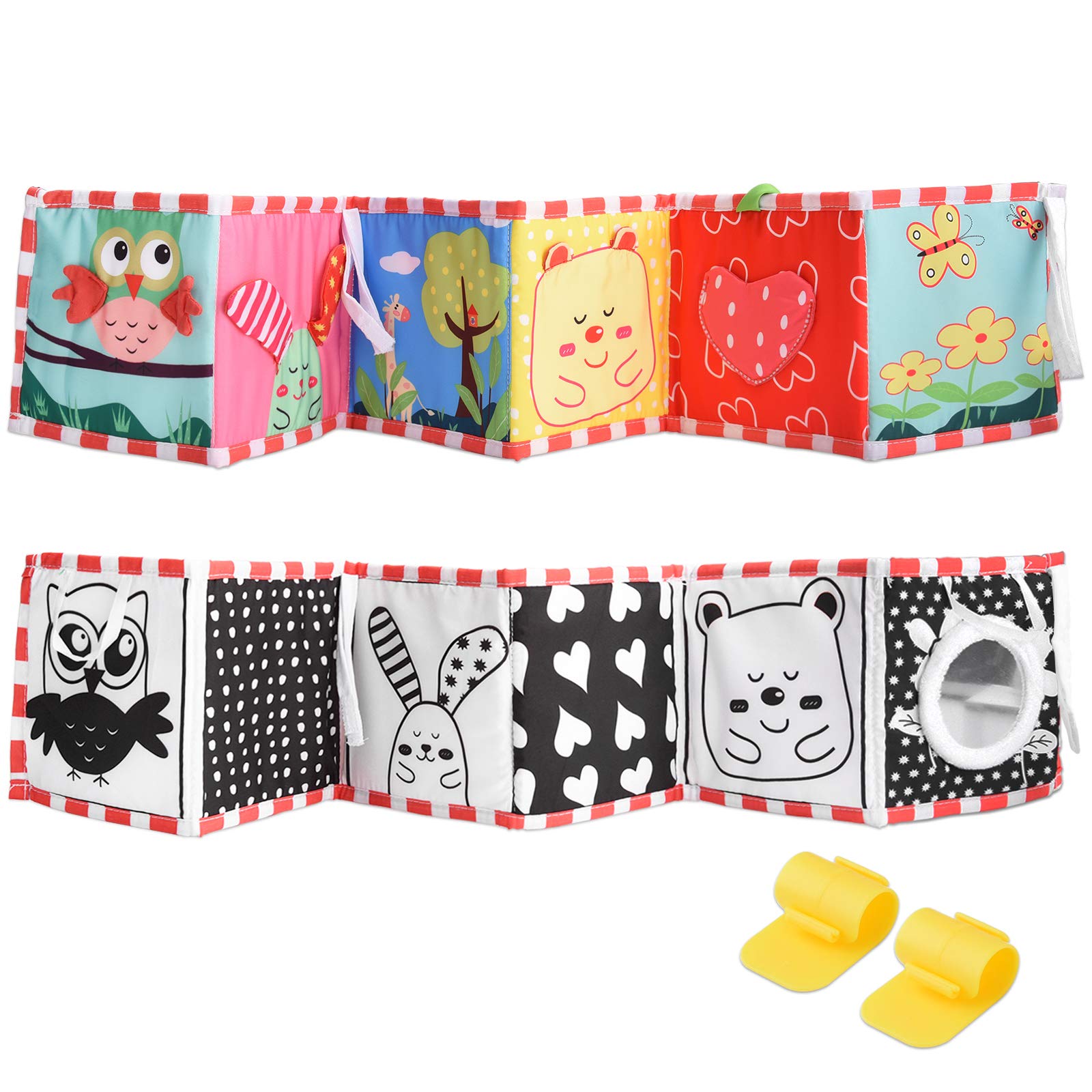 SOSPIRO Baby Book Toys, Double-Sided First Book Child Clip-on Book Cot & Pram Use Child's First Sensory Book Development Puzzle Animal Cloth Book Toy Best Gift for Child(owl)