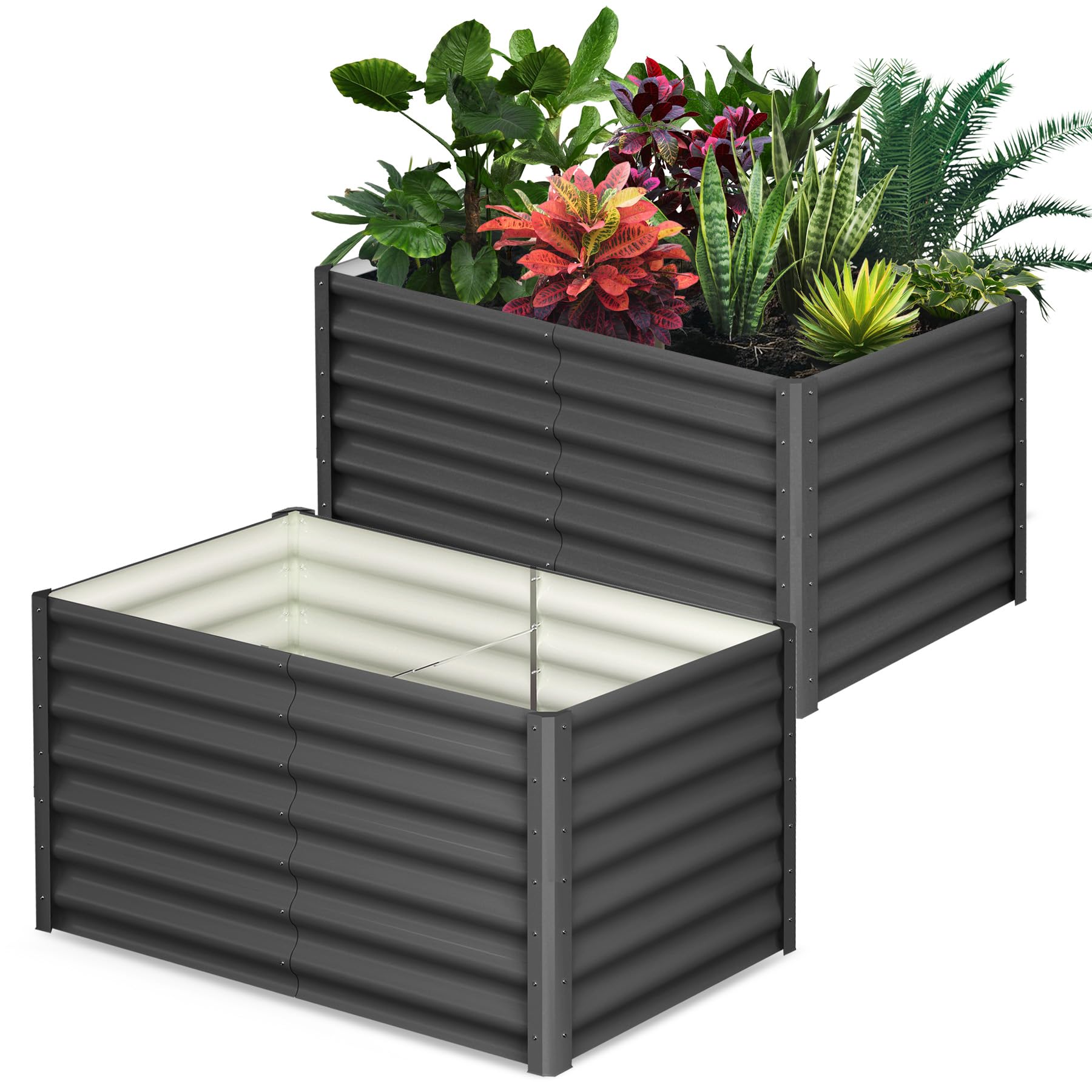 Photo 1 of Raised Garden Bed Set of 2, 6x3x2FT Galvanized Raised Garden Bed, Outdoor Large Planter Raised Beds Open Base with Safety Edge and Glove for Vegetables Flowers Ground Planter, Dark Gray
